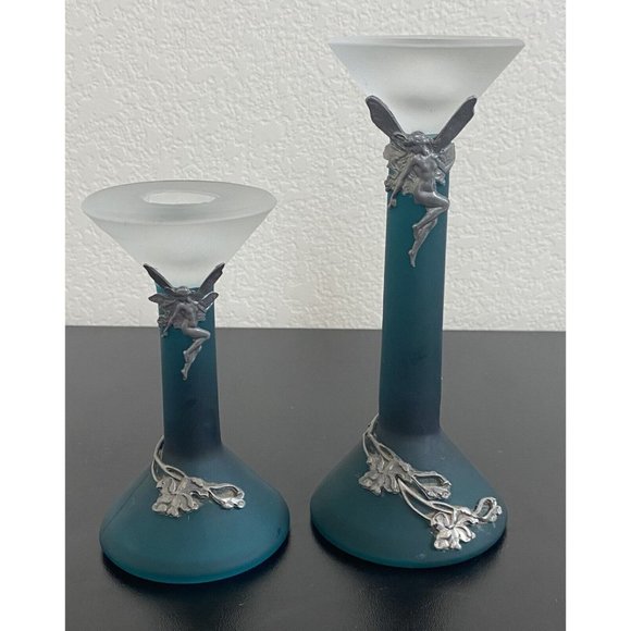 Turquoise Frosted Glass Candlesticks with tin Fairies Short and long Blue Green - Picture 1 of 8